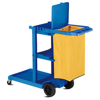 Carro de limpieza azul con bolsa amarilla
